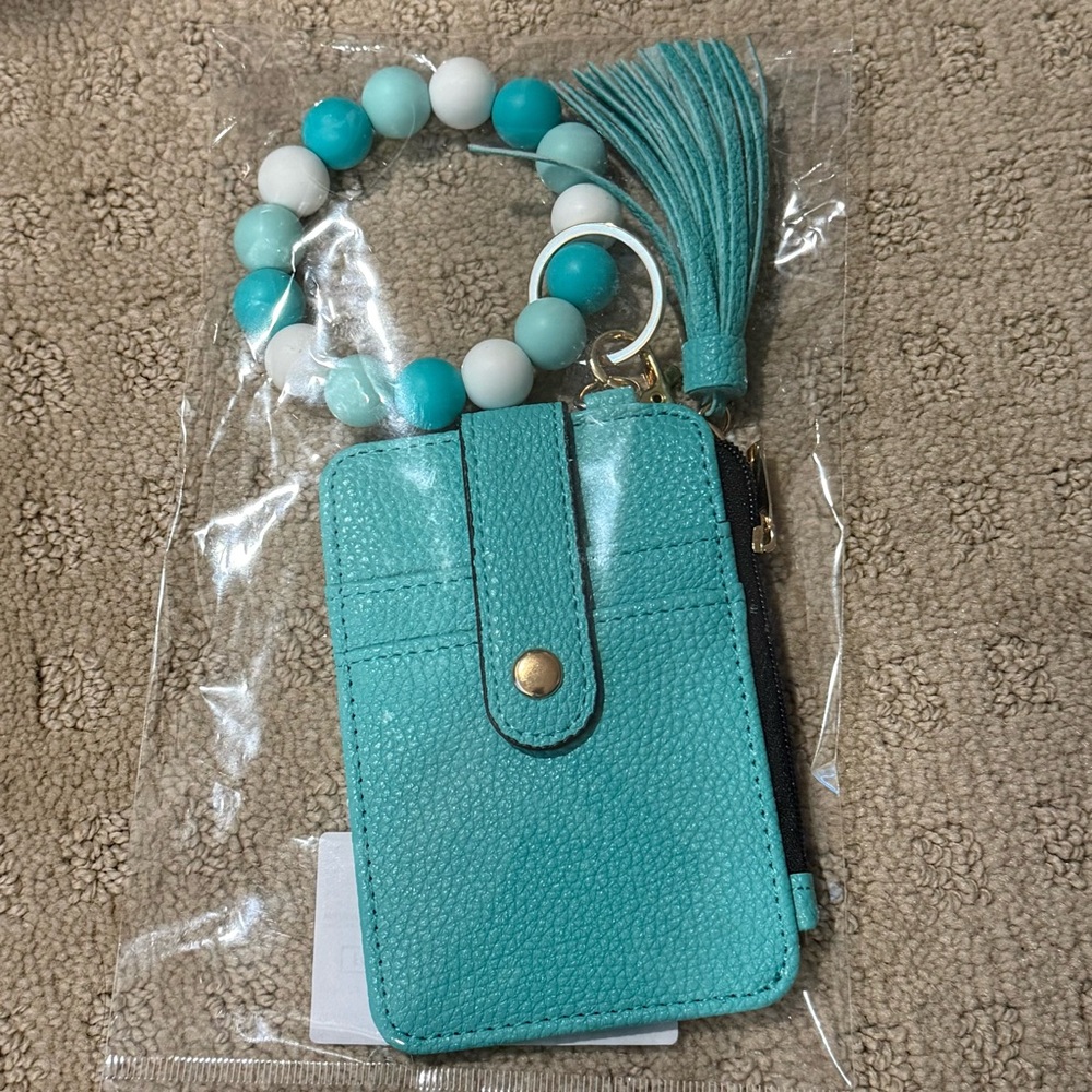 Aqua Wristlet Wallet with Beaded Bracelet